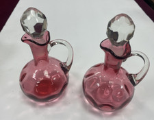 2 Vintage Glass Vinegar & Oil Cruets - Pink/Rose Depression Glass? With Stoppers