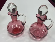 2 Vintage Glass Vinegar & Oil Cruets - Pink/Rose Depression Glass? With Stoppers