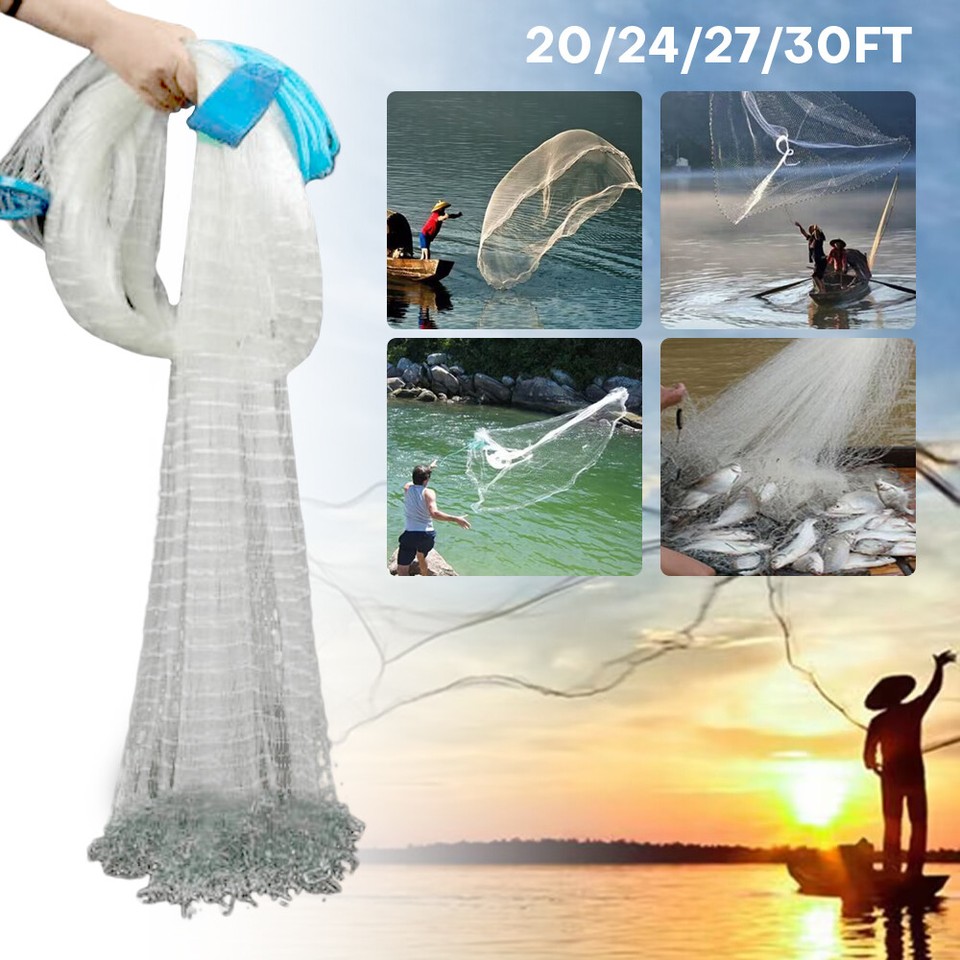 20/24/27/30ft Durable Cast Fishing Net w/ Heavier Steel Chain Sinker ...