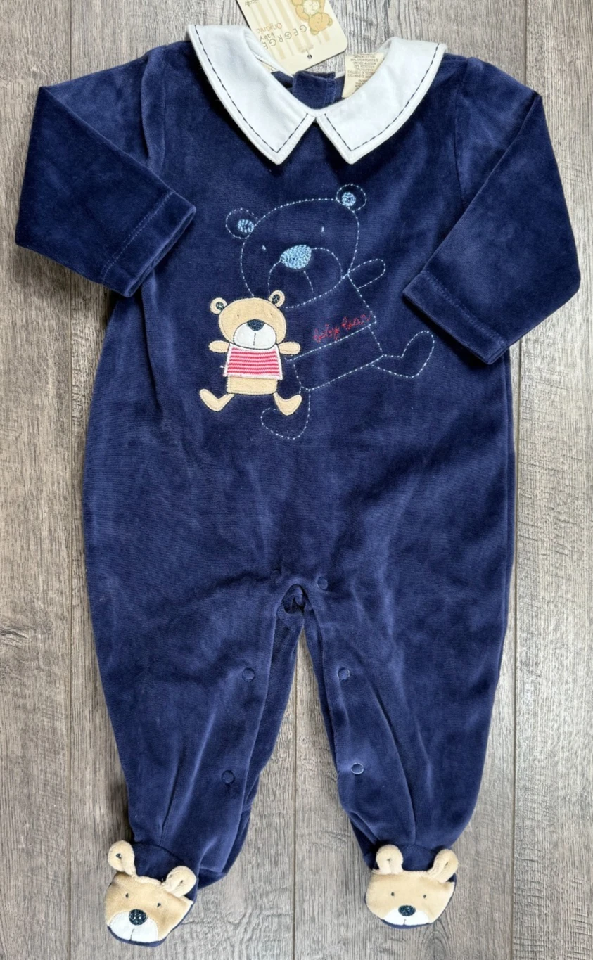 Baby Boy Clothes New Vintage George 6-9 Month Velour Bear Footed Outfit