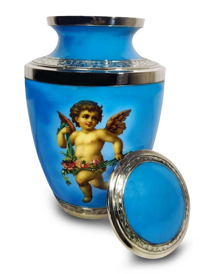 Urne de crémation bleue gravée par ange en aluminium funéraire pour cendres h... - Photo 3/4