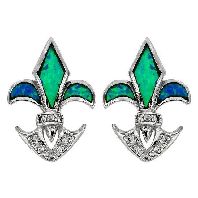 Fleur De Lis Australian Opal Inlay & Topaz 925 Sterling Silver Earrings EO4