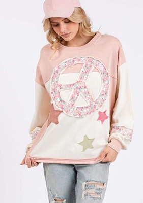 SAGE + FIG Peace & Star Patch Color Block Tunic Sweatshirt Blush Pink Multi NWT