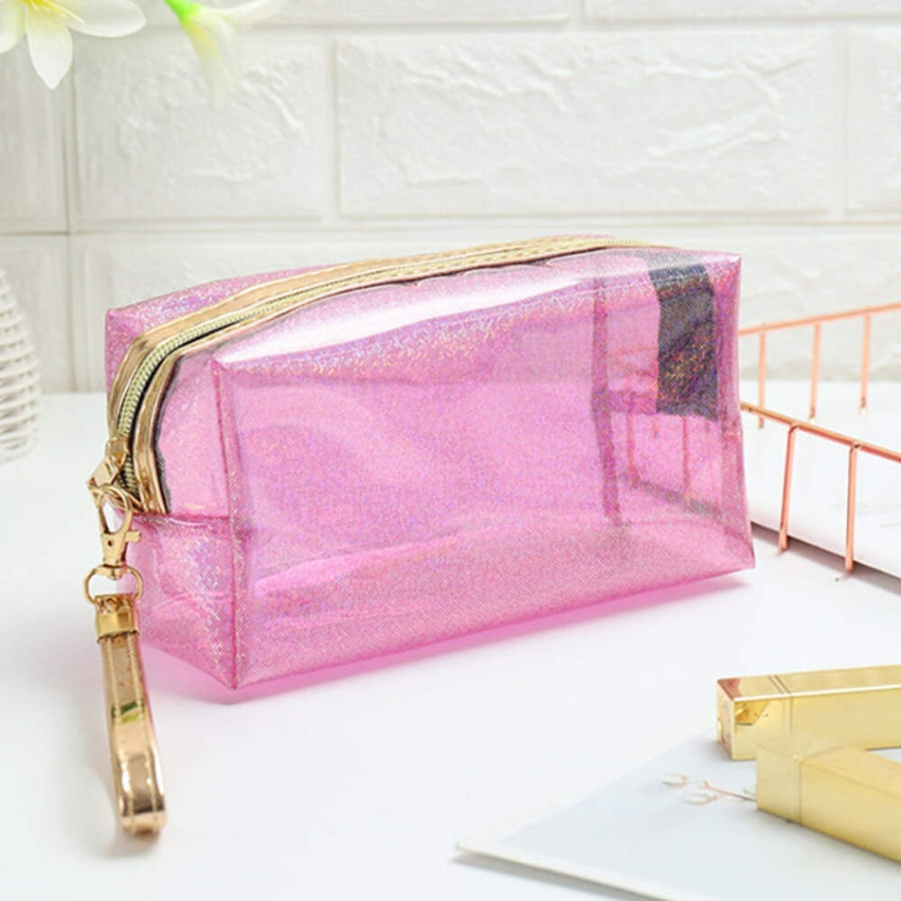 PVC Laser Clear Travel Cosmetic Toiletry Bag Pink Portable Case