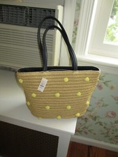 Talbots Ladies Straw Handbag Crocheted With Pom Poms