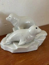 Two Seal Cub Playing On Ice Block Figurine Glazed Porcelain 2.25” Tall