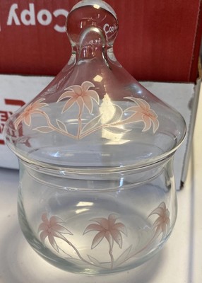 Vtg Clear Glass Vanity Jar Pasabahce Turkey Apothecary Jar Pink Floral 4x5.75 