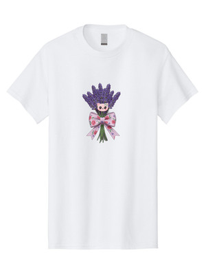 Lavender-Bouquet-With-Cat-Face Mens Graphic Tee, 100% Cotton, Casual Summer Wear
