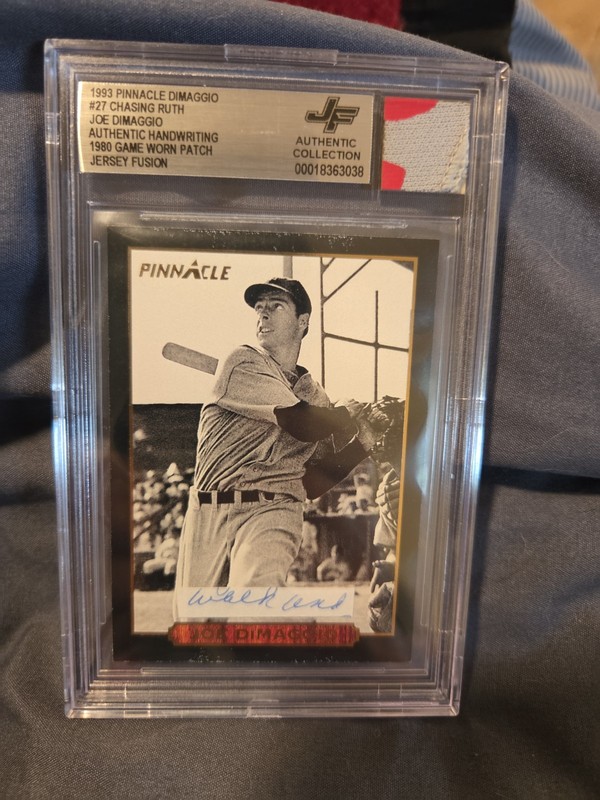 1993 Pinnacle Joe DiMaggio AUTHENTIC HANDWRITING-1980 GAME WORN JERSEY #27