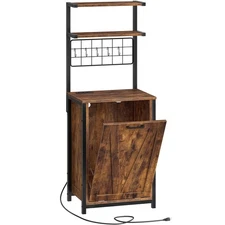 Bakers Rack with Power Outlet, Microwave Stand with Trash Can Storage, 3-Tier...