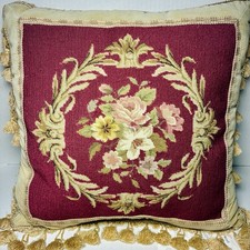 18" Vintage Needlepoint Floral Pillow Cover Elegant Burgundy Rose Fringed