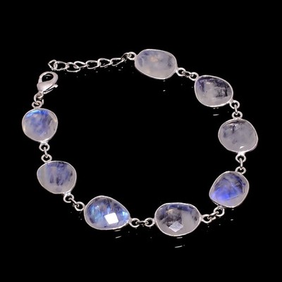 AAA Natural Rainbow Moonstone Gemstone 925 Silver Charm Bracelet in Various Size