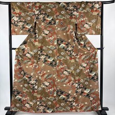JAPANESE KIMONO FINE PATTERN BROWN 162cm 5 ft 4 in PURE SILK B0998