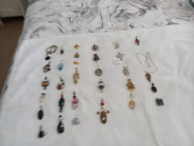 Job Lot of 31, Sterling Silver 925 pendants with various semi precious stones. - Image 1 of 2