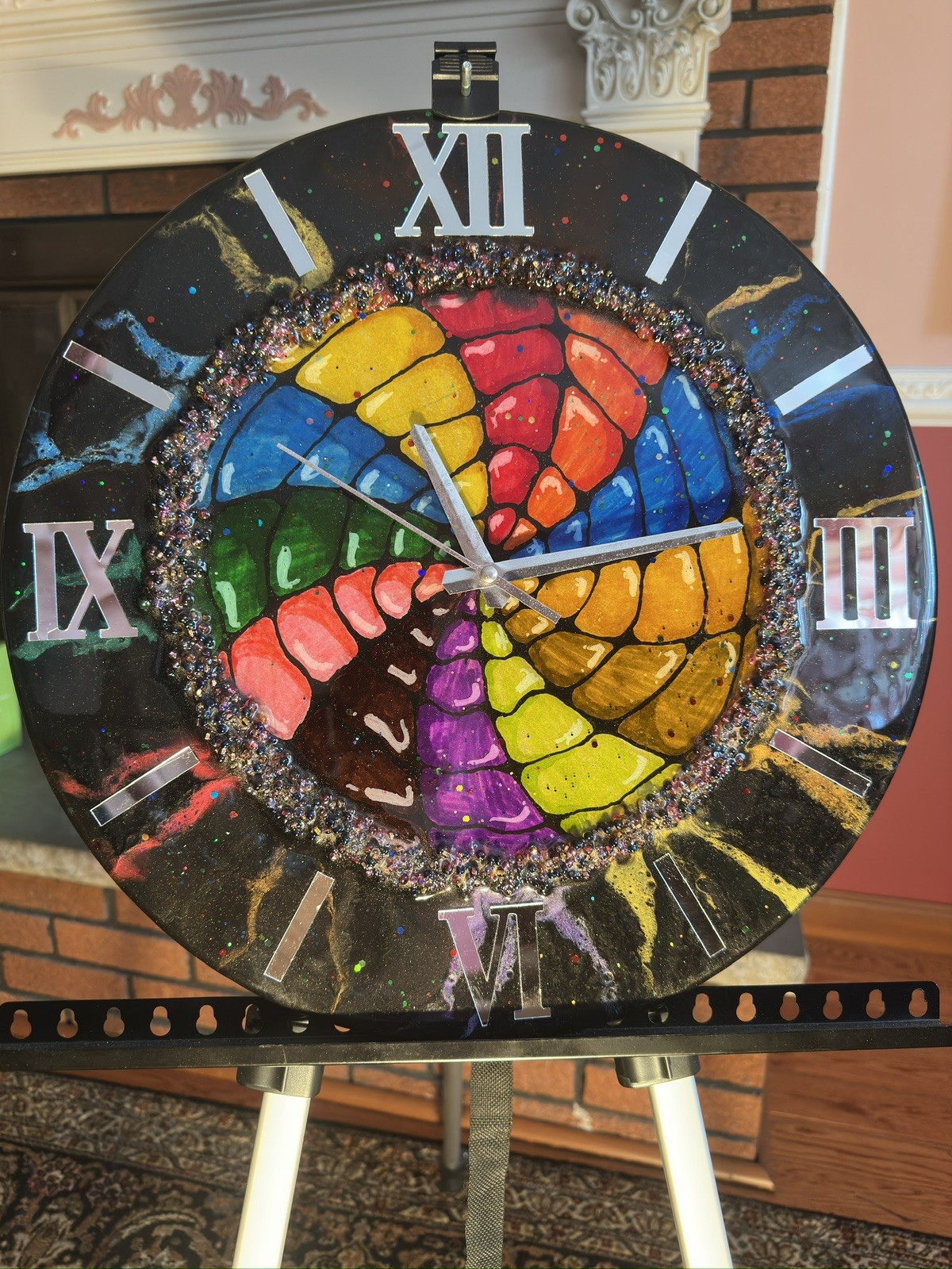 Museum Quality Epoxy Resin Wall Clock Mosaic Art Rainbow Geode Statement Decor