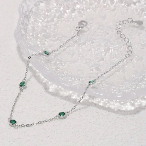 925 Sterling Silver Simple Green Zircon Chain Bracelet - Picture 2 of 5