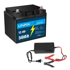 12V 50Ah LiFePO4 Battery & Charger Kit - Smart BMS, 640Wh for RV Marine Solar