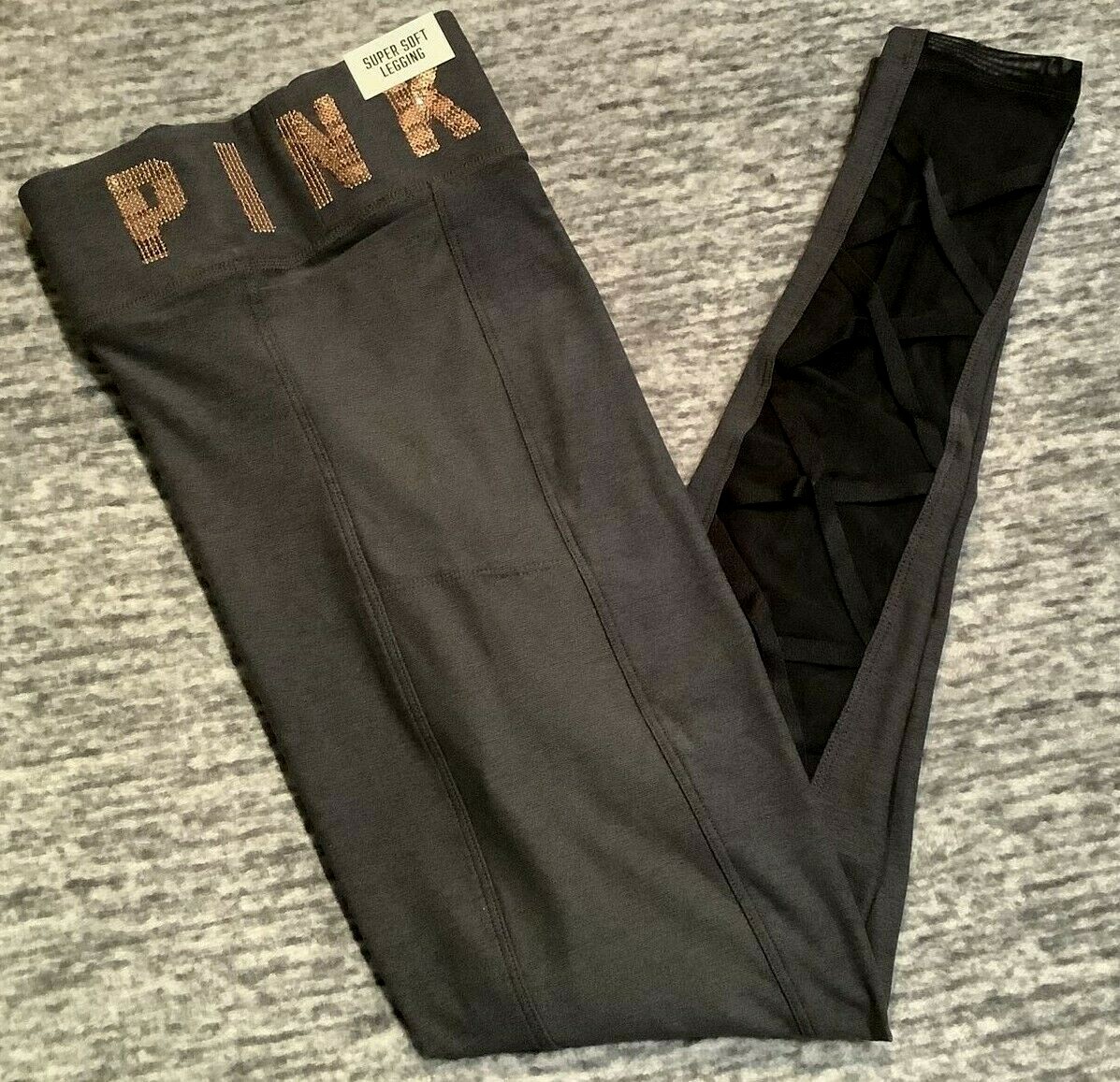 Victoria's Secret Pink Bling Super Soft Strappy Leggings Gray Gold