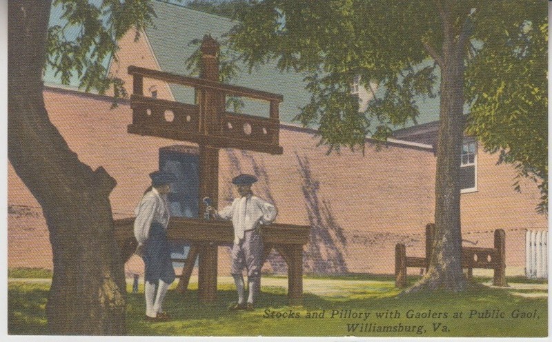 Stocks and Pillory with Gaolers at Public Gaol, Williamsburg, Virginia Postcard
