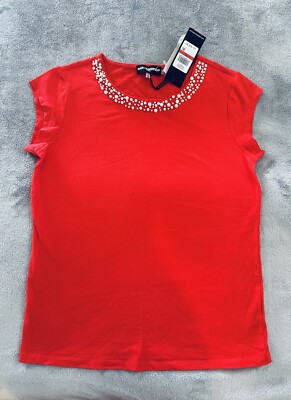 KARL LAGERFELD Womens Red Sleeveless Pearl Neckline Top Size XS