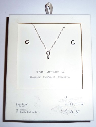Sterling silver Necklace & pendant & earring pair LETTER C In Orig. Box New Day