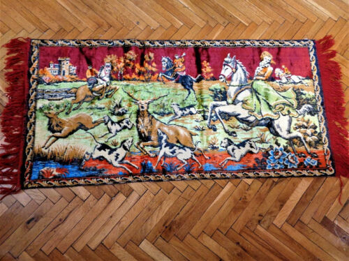Vintage Velvet Tapestry Wall Hanging Hunting Scene Rug Carpet - Picture 1 of 10