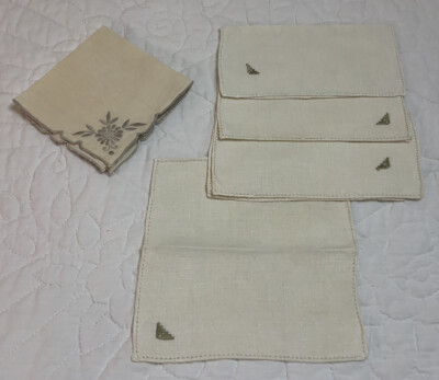 Four Small Cocktail Napkins & One, Linen, Vintage, Antique White, Embroidery