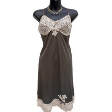 VINTAGE 60s Slip Dress Mocha Brown Cream Floral Lace Women’s 10 Sleeveless Fairy