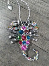 Eclectic Whimsical SCORPION Rainbow Rhinestone Pendant Necklace Brooch 