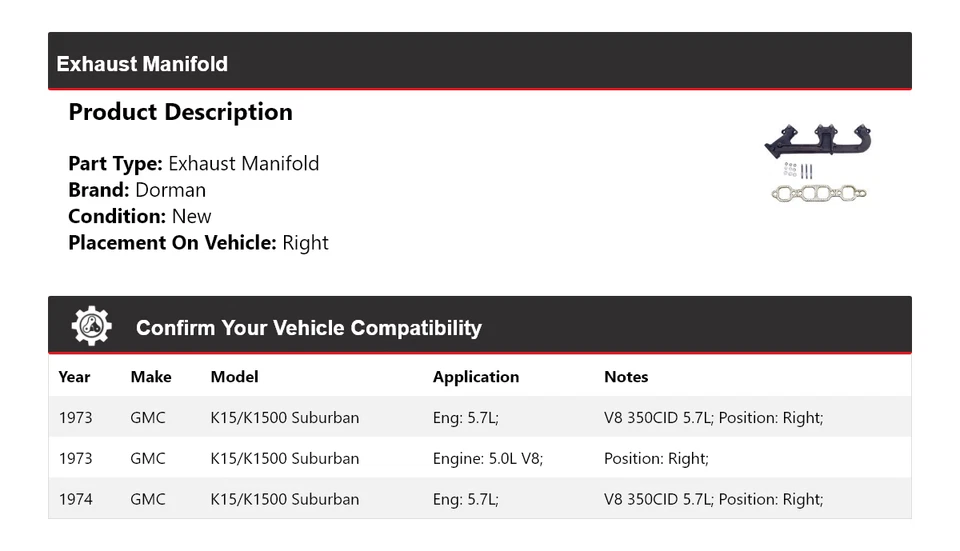 Colector de escape derecho para GMC K15/K1500 1973-1974 Suburban Dorman Foto 2 de 4