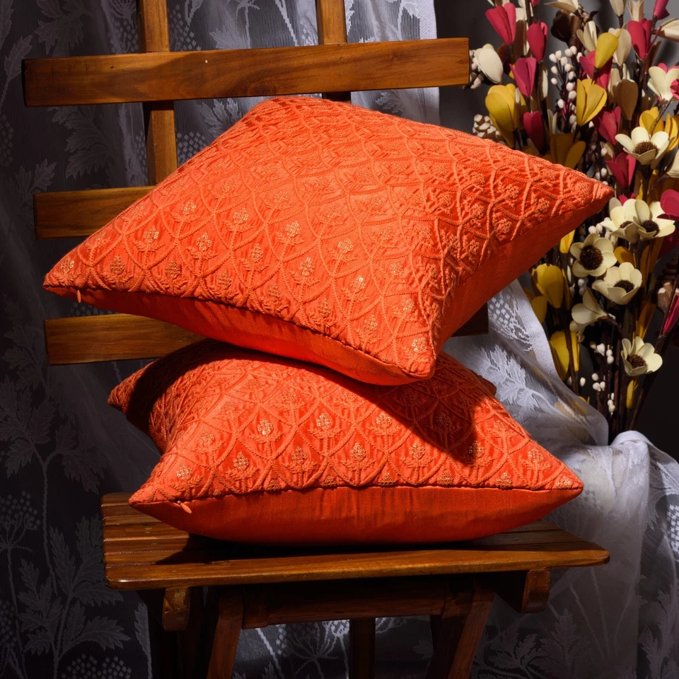 SCARLETT LINENS embroidered throw pillow 18x18 20x20 silk orange pillow cover 2p - Image 3 of 4