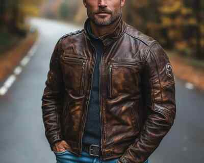 Men's Vintage Genuine Leather Biker Jacket Cafe Racer Motorcycle