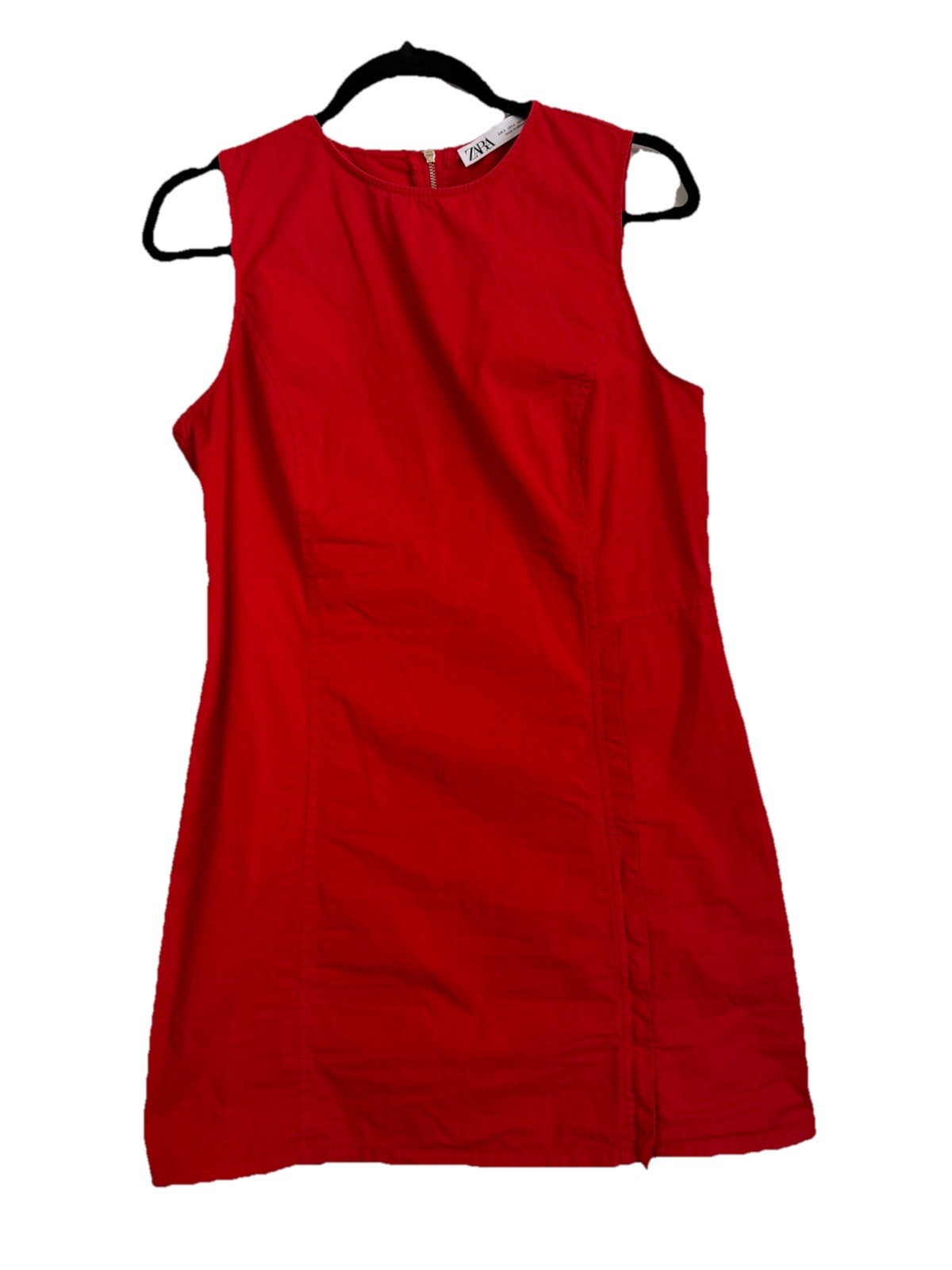 Zara Red Solid Woven Cotton Short Sheath Dress Round Neck Zip Back L