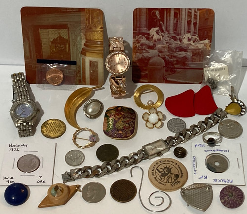 Vintage Junk Lot 17j Swiss Watch Brooch Pins Slide Coins Tokens Jewelry More #20