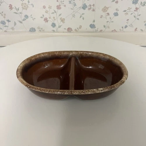 Vintage Hull H.P. Co Oven Proof Oval Divided Casserole Brown Drip Pottery USA