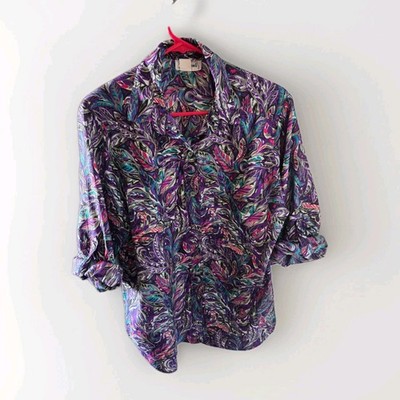 Vintage Notations Women's Polyester Blouse Purple With Shoulder Pads Size 14