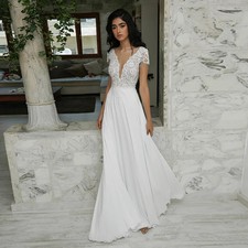 Simple Chiffon Lace Wedding Dress Boho Cap Sleeves V-neck Open Back Bride Dress