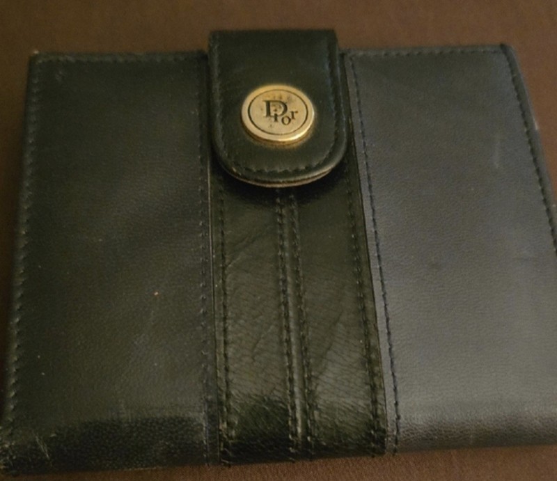 Vintage Christian Dior Wallet Byfold Black/Blue Leather - Authentic