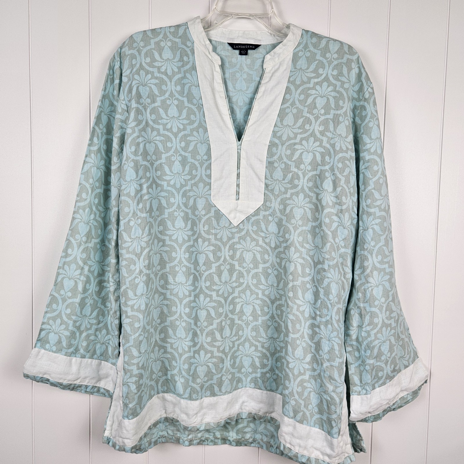 Lands End Large Tunic Linen Long Sleeve Split Neck Blue White Preppy Vacation