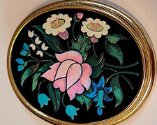 Avon Vintage Oval Floral  Pendant w/Black Enamel Background & Gold Tone Framing