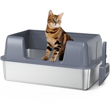 Stainless Steel Cat Litter Box, XL Extra Large Semi-Enclosed Metal Pan with S...