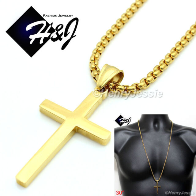 30"MEN Stainless Steel 3mm Gold Plated Smooth Box Link Necklace Cross Pendant*P 30"MEN Stainless Steel 3mm Gold Plated Smooth Box Link Necklace Cross Pendant*P