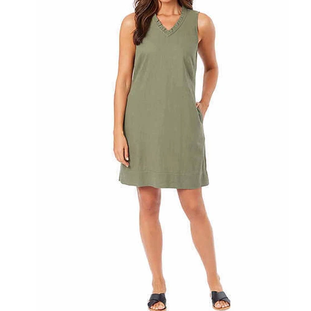 Briggs Women's Ruffle Trim V-Neck Linen Blend Side Pockets Mini Dress Green / S