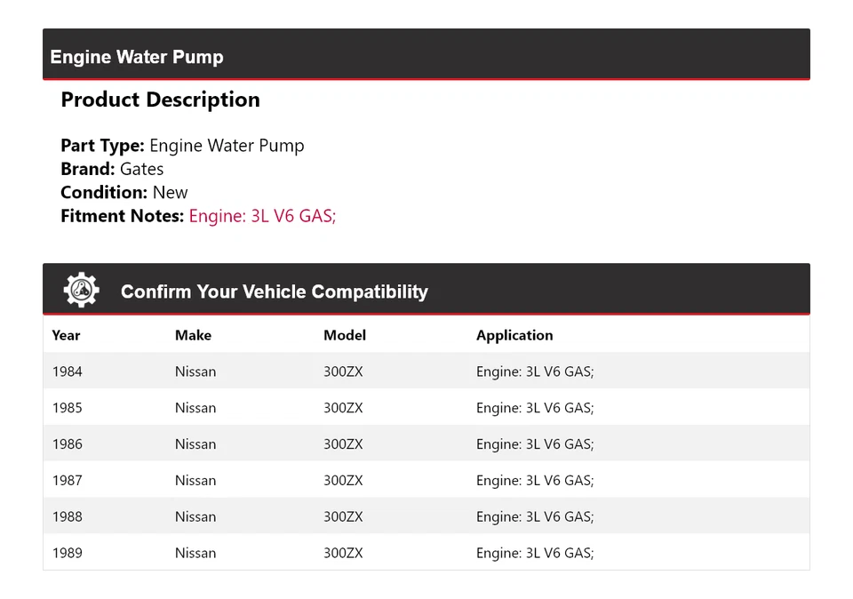 For 1984-1989 Nissan 300ZX 3L V6 GAS Engine Water Pump Gates 1985 1986 1987 1988 - Image 2 of 4