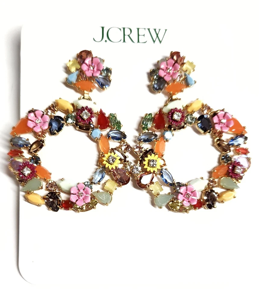 J.Crew Watusi 水晶花卉花圈耳环 多色 浅金色 牛 黄铜 全新 — 第 3/4 张图片