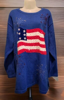 Quacker Factory American Flag Beaded Tunic Sweater Sz 1X Patriotic Raime