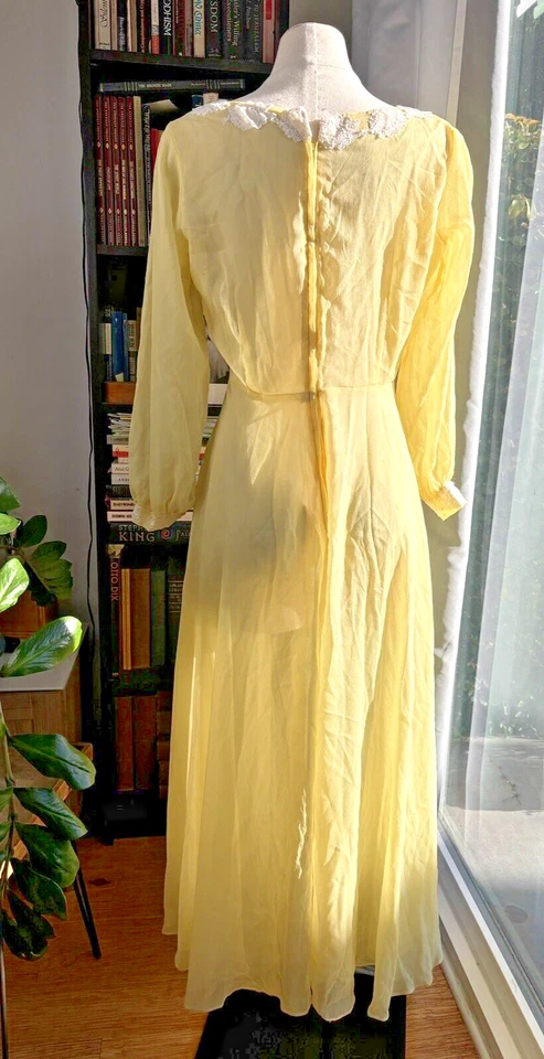 Винтажный 70-х лимон желтый шифона чистый длиной макси платье кружева отделки размер M/L - Изображение 2 из 4