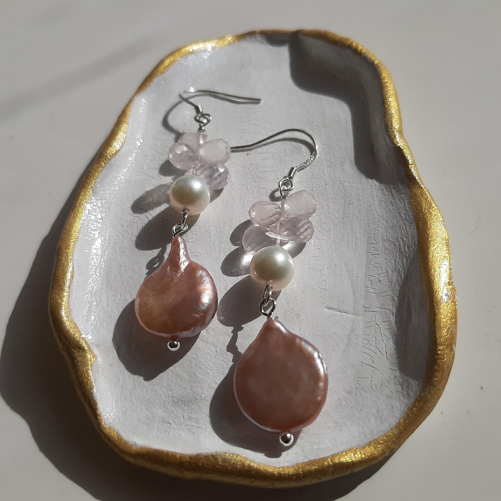 Boucles d'oreilles quartz rose et perles roses baroque d'exception - 4