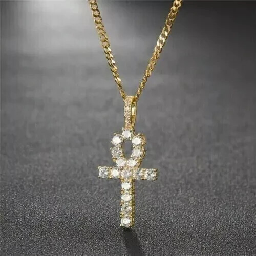 Ciondolo Uomo Oro Giallo 14kt Placcato &ndash; Croce Ankh Con Ali E Moissanite 1 Ct
