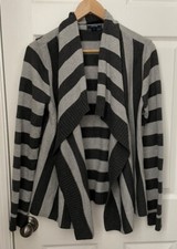 Women’s CHAPS Gray Black Stripe Open Cardigan Draped Collar Sweater Sz L
